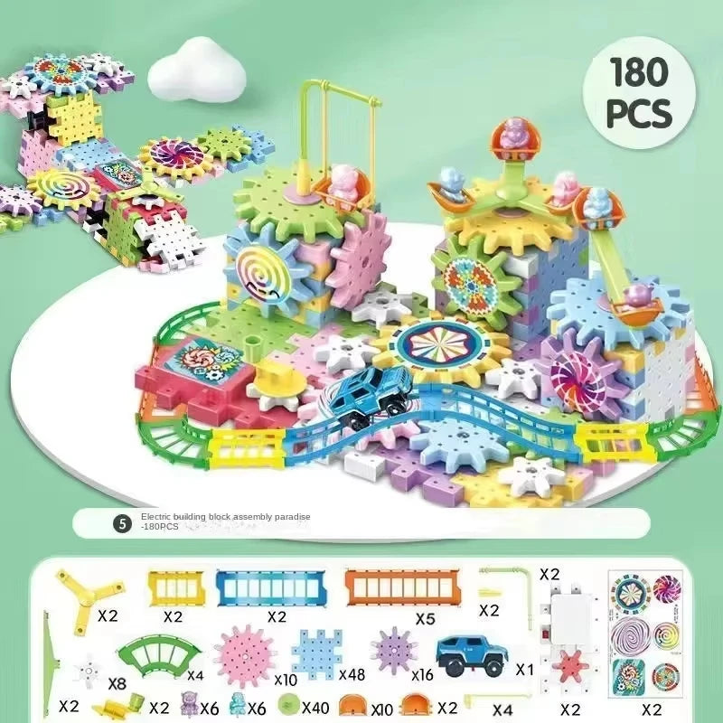 3D Electric Gear Puzzle Building Kit - Educational Plastic Brick Blocks Toy for Kids 180 pcs