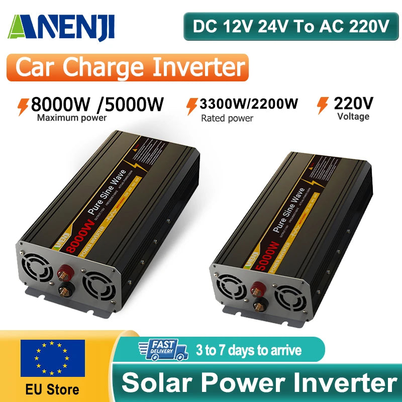 Pure Sine Wave Inverter 12V and 24V DC to 220V AC, 8000W Peak, 5000W Continuous, Portable Car Solar Inverter