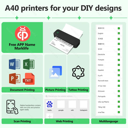 GZMA413 A4 Ink Free Portable Printer - Wireless Printing