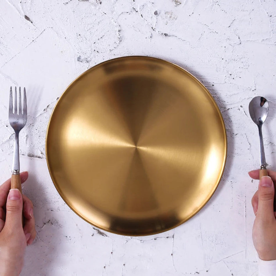 Zlatý nerezový ocelový jídelní talíř kulatý servírovací tác