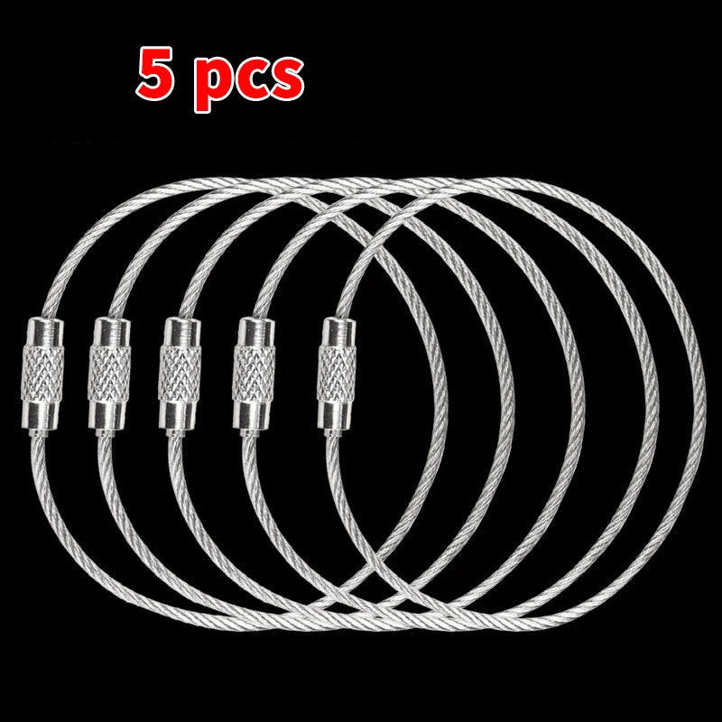 5pcs 304 Stainless Steel Wire Rope Keyring Mountaineering Buckle Connecting Rope Multitool Camping Gadgets Survival Gear Edc