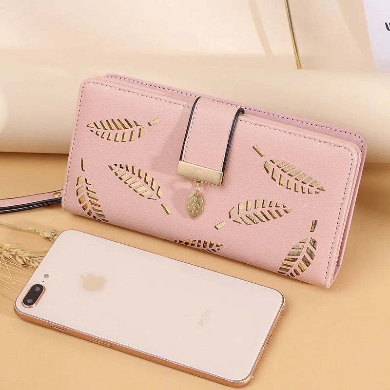 Ladies' PU Leather Hollow Leaves Long Zipper Wallet