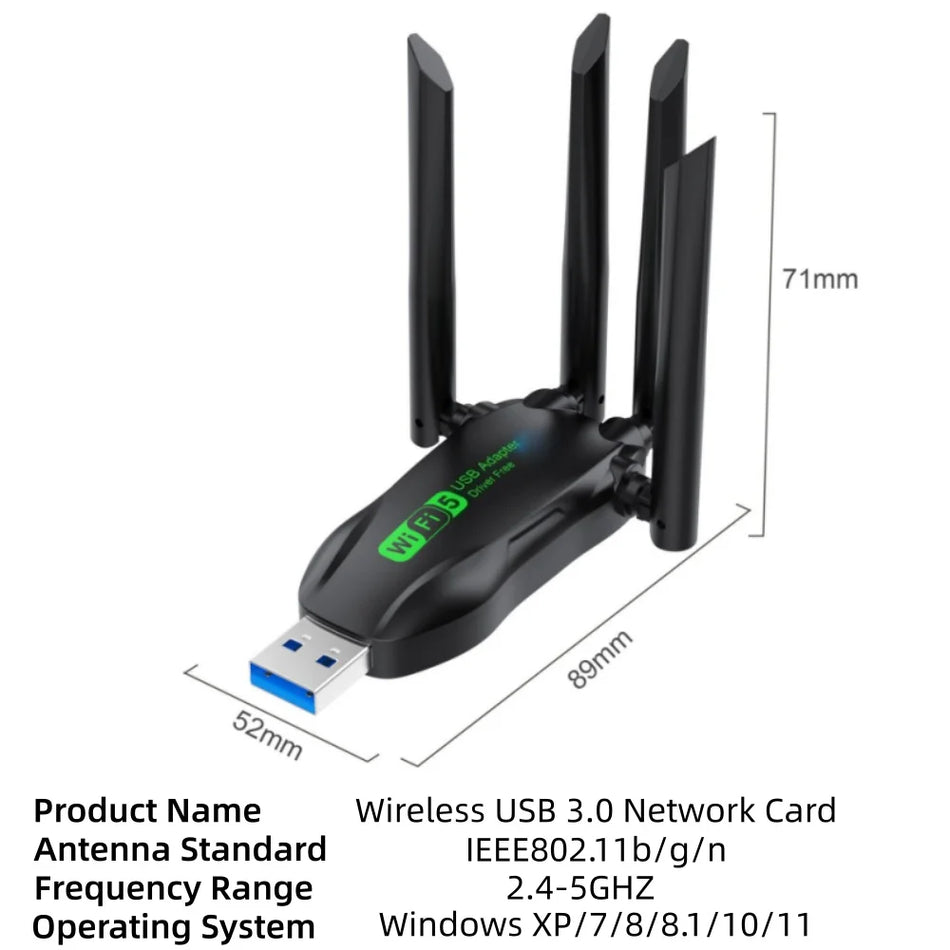 Adaptateur USB WiFi double bande 1300Mbps avec 2.4/5GHz, USB 3.0, 4 antennes