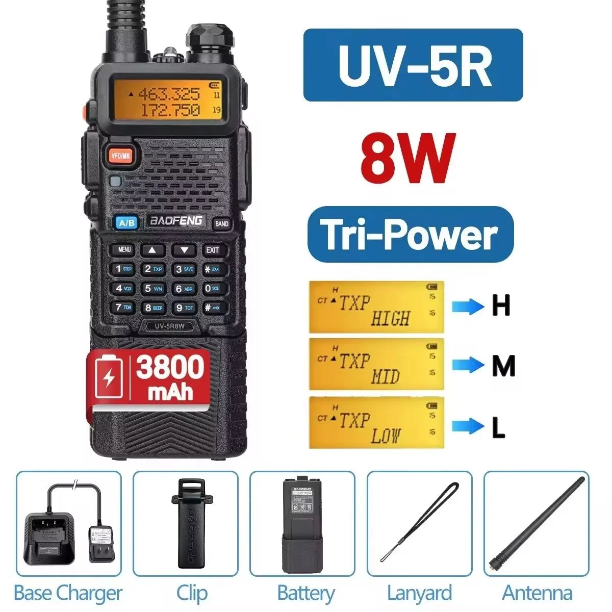 Baofeng UV-5R &ndash; Dual Band Ham Radio 5W Power Long Range 8W 3800mAh / US