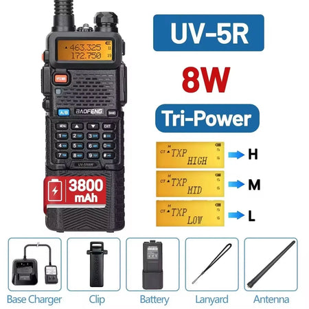 Baofeng UV-5R &ndash; Dual Band Ham Radio 5W Power Long Range 8W 3800mAh / US
