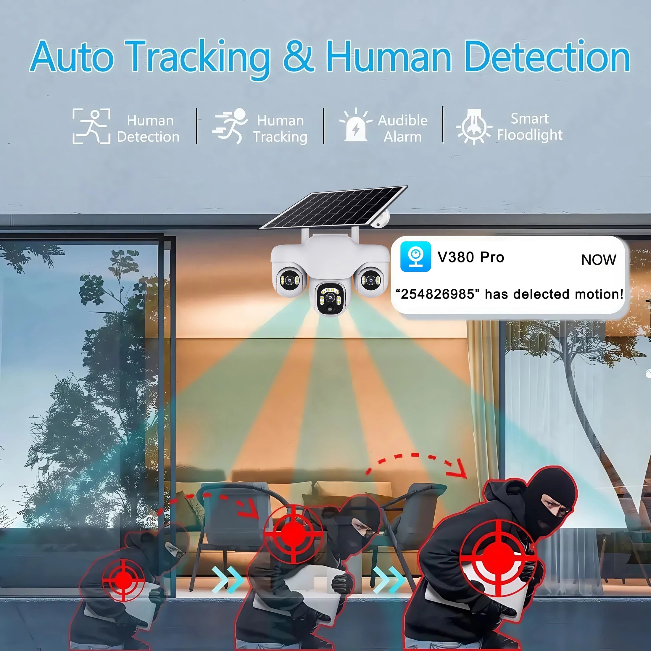 V380 Pro 15MP Solar Camera Triple Lens Triple PTZ Camera Two-Way Audio Outdoor Built-in Battery Security CCTV HD 4G IP Camera