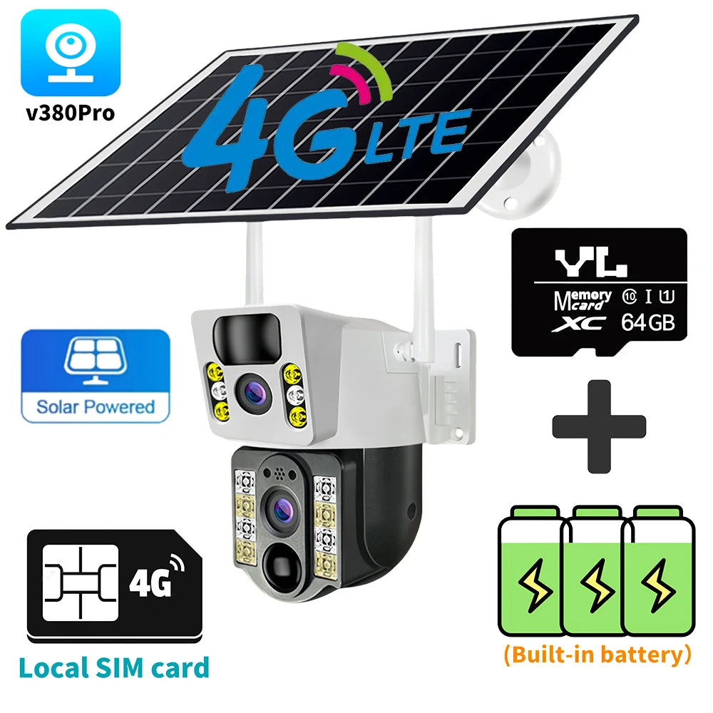 8MP HD Solar Camera WIFI Smart Home Security Protection Home 360 Monitor 4K 4G SIM Card Outdoor with Battery V380 Pro 4G Network 4G Cam 64G Card