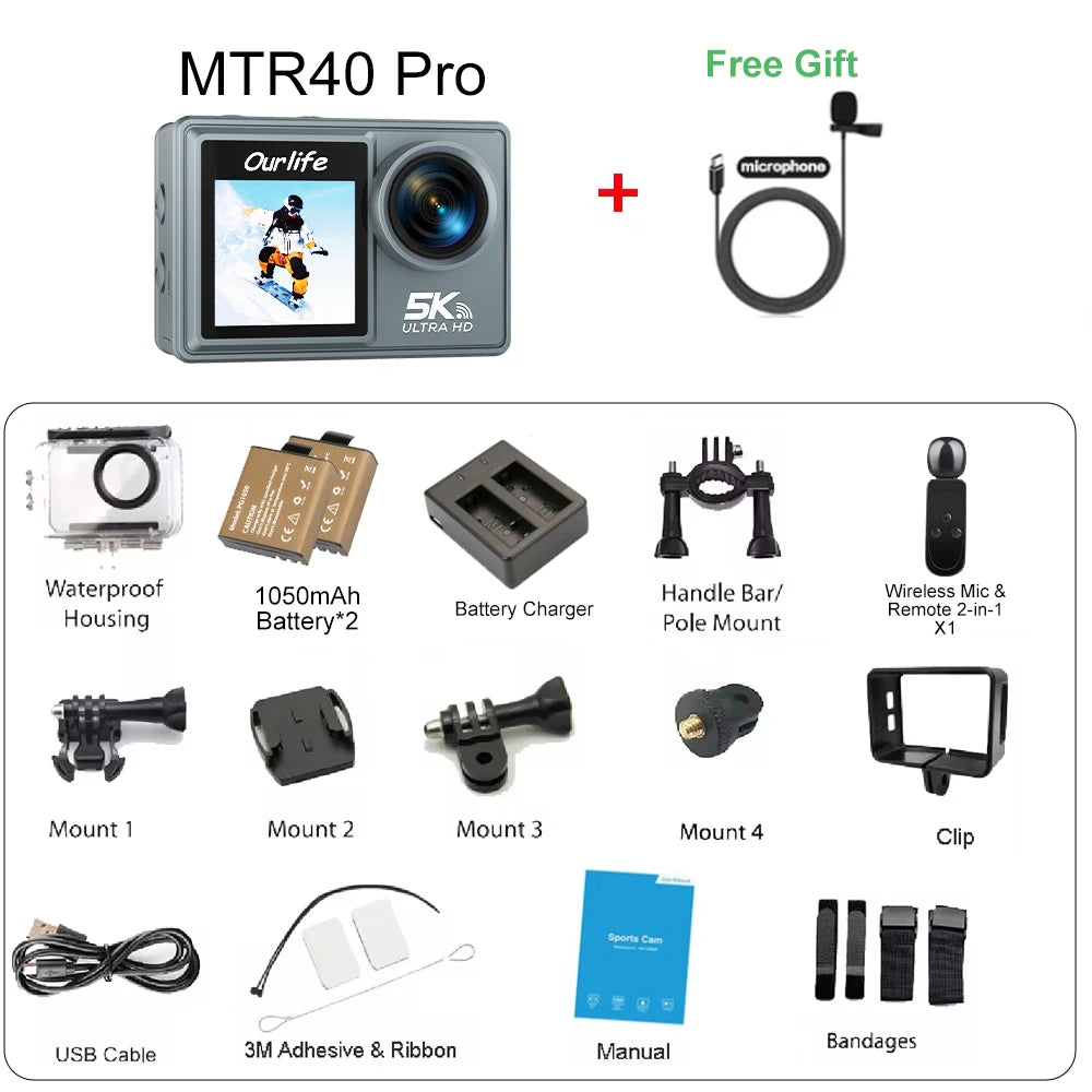 Ourlife MTR40 5K Action Camera &ndash; 170 Degree Waterproof with 5X Zoom MTR40 Pro With MIC / NO Card