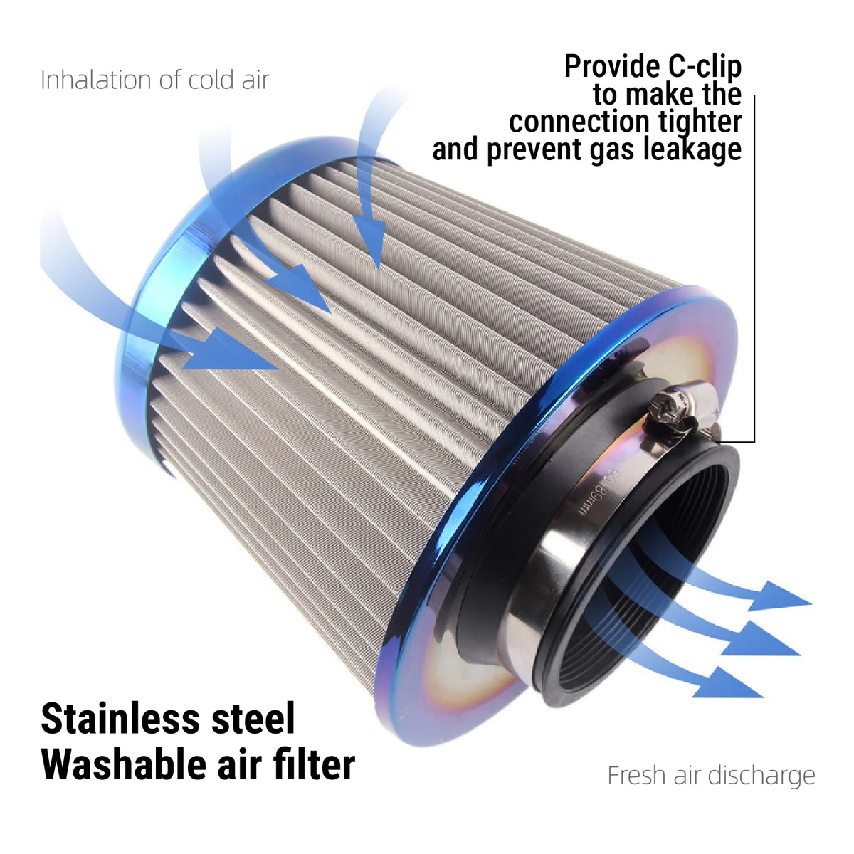 PIKBUK Universal Stainless Steel Washable Auto Air Intake System High Flow Cone Cold Air Filter 60MM 65MM 70MM 75MM by InterCyprus Trading Ltd