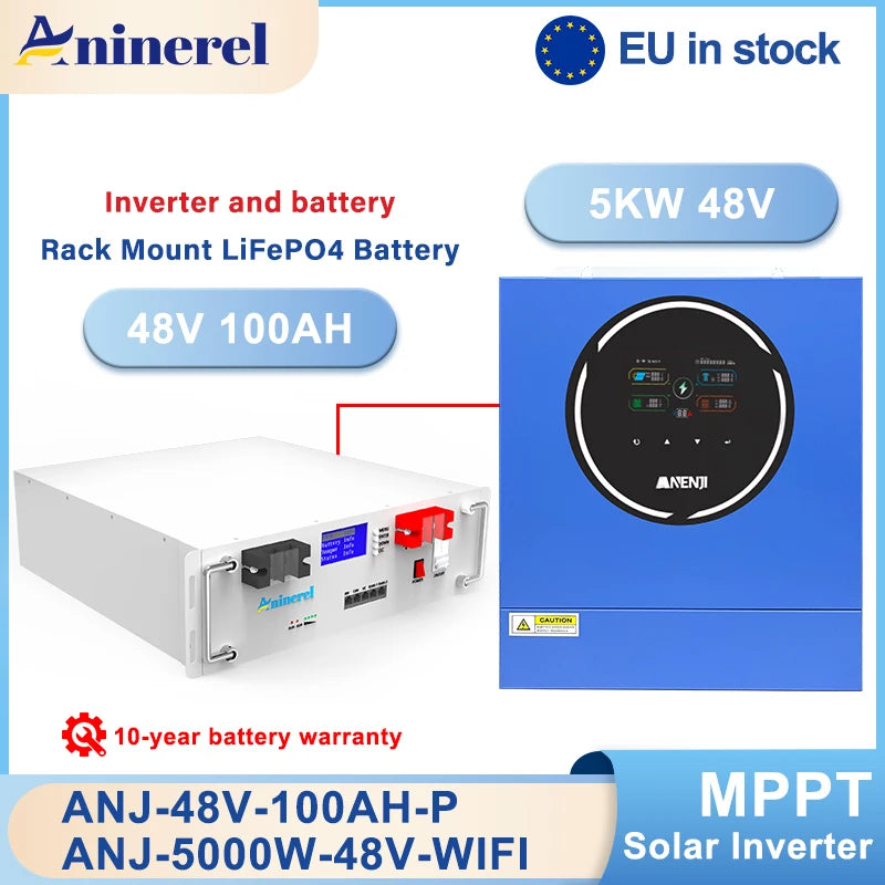 Anenji 5kW 48V Hybrid Solar Inverter With Dual Output, LiFePO4 Battery Ready, Built In MPPT 100A, WiFi LCD