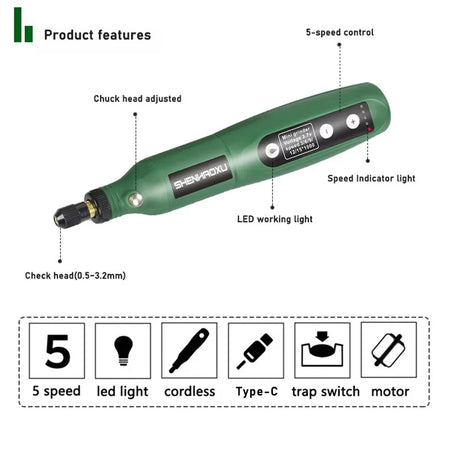5-Speed Cordless Engraving &amp; Drilling Tool with Battery and Accessories