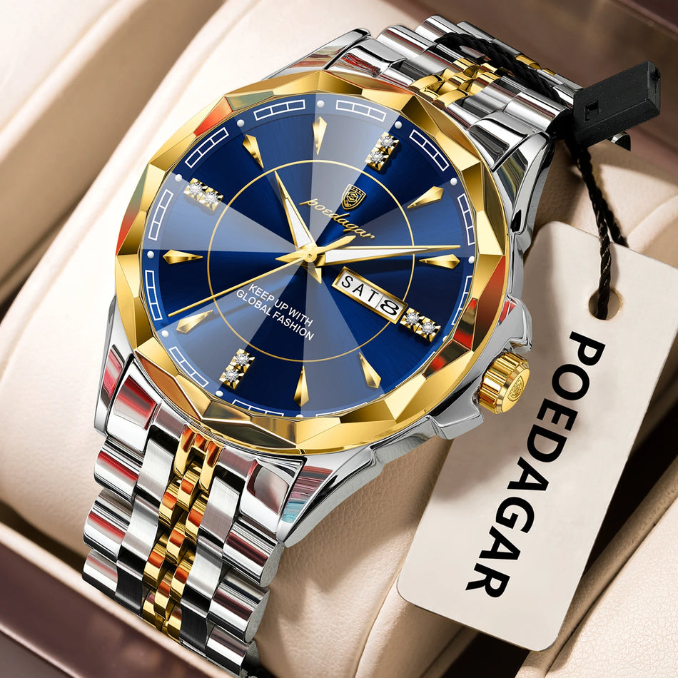 Luxury Men's Wristwatch POEDAGAR Stainless Steel Waterproof Luminous Date Quartz
