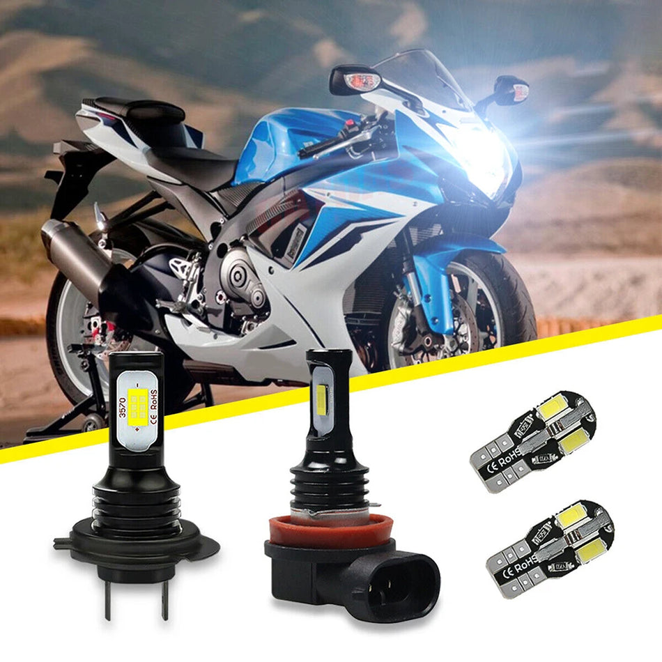 LED Headlight Bulbs Set for Suzuki GSXR 600 750, 6000K White Aluminum Housing, Plug and Play Upgrade