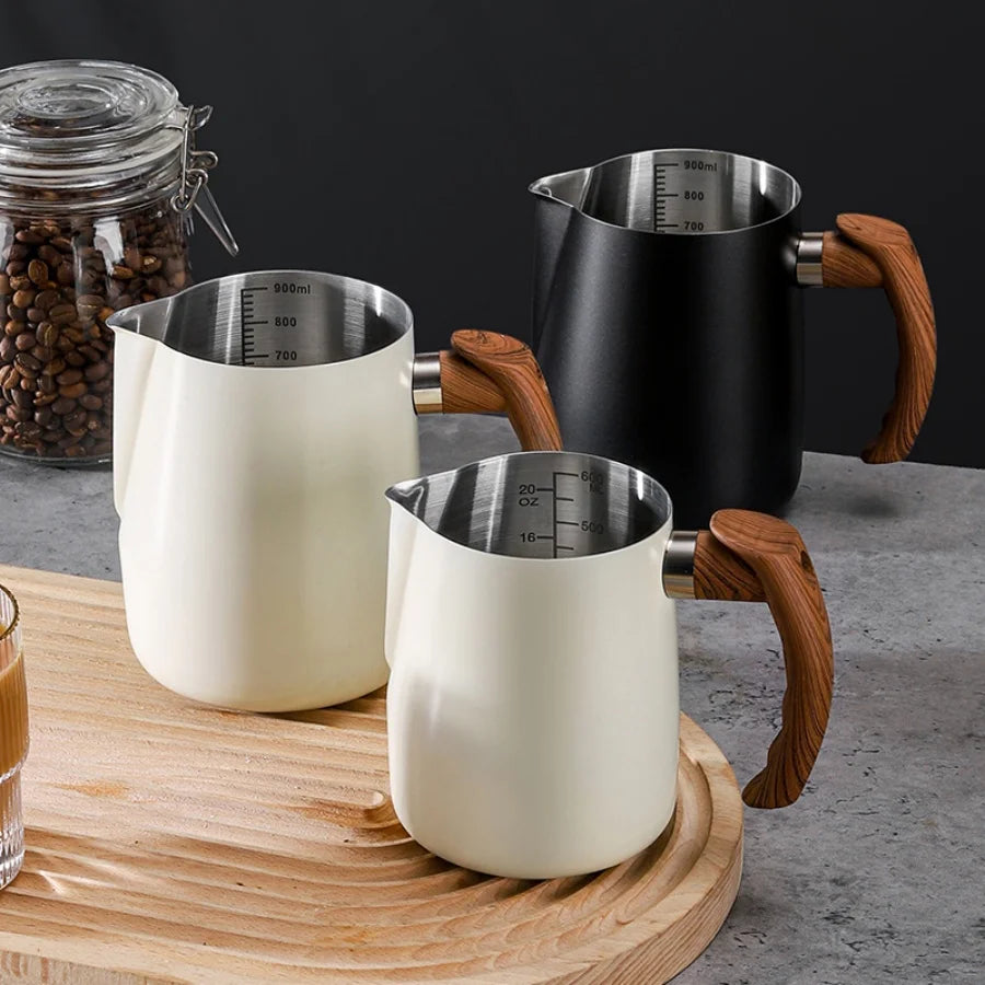 304 Stainless Steel Coffee Milk Frothing Pitcher &ndash; Precise Scale with Wooden Handle