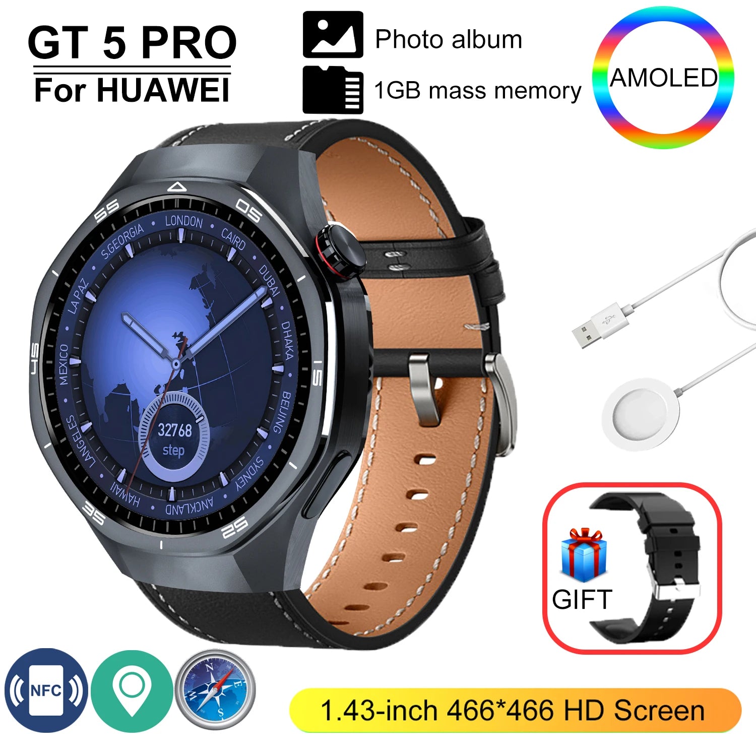 GT 5 Pro 2025 &ndash; 24h Blood Pressure Monitoring And NFC GPS Black belt / NFC 400mAh