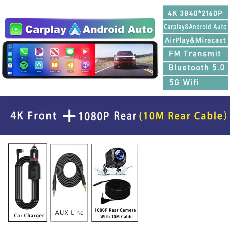 11.26 Inch 4K Car DVR Dash Cam - CarPlay Android Auto GPS