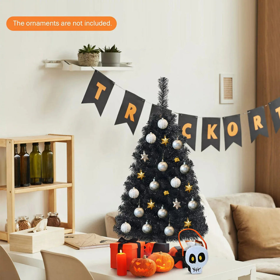 Artificial Black Christmas Tree With PVC Lights And Multi Color Ball Baubles, Desktop Xmas Decor For Festive Ambience