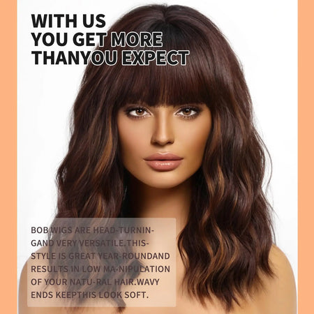 Short Brown Highlight Wavy Bob Wig with Bangs for Daily Use