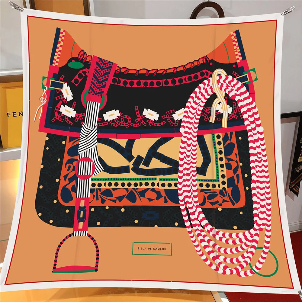 Pobing 90cm Twill Silk Scarf &ndash; Elegant Checkered Horse Print