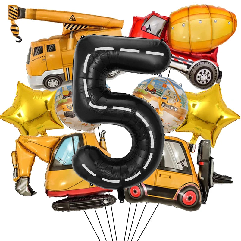 9Pcs/1Set Construction Vehicle Aluminum Film Balloon Excavator Crane 1-9 Digital Balloons Boys Birthday Party Decor Balloons Number5 set / Other