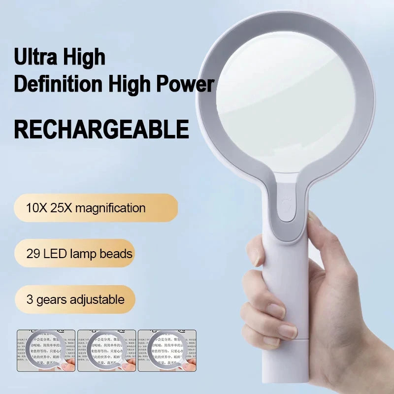 Große Linsen-Handheld-Vergrößerungsglas 10X 25X mit 29 LEDs, wiederaufladbar