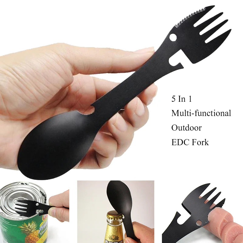 Outdoor Survival Tools 5 in 1 Camping Multi-functional EDC Kit Practical Fork Knife Spoon Bottle/Can Opener camping  multitool