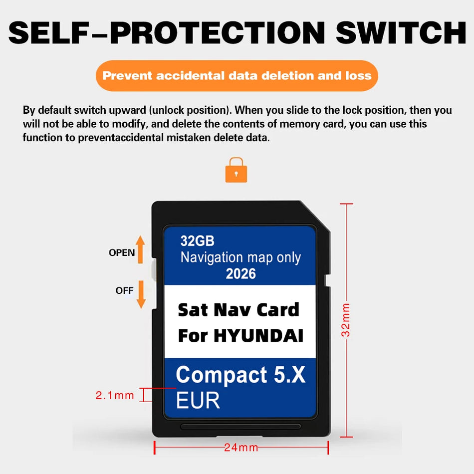 Card SD de navigație pentru Hyundai i10, i20, i30, i40, Kona, Tucson Hartă UE 32GB
