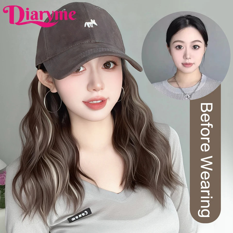 DIARYME Short Water Wavy Cap Wig with Brown and Blonde Highlights