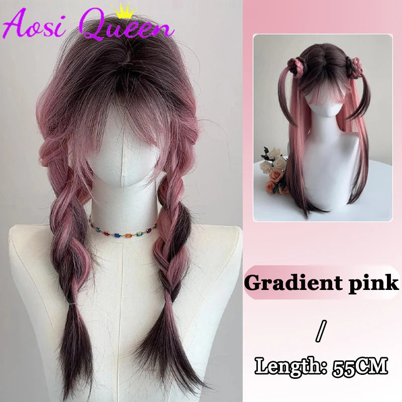 AosiQueen Black Pink Ombre Long Wavy Synthetic Wig with Bangs for Cosplay Pink