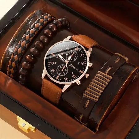 Luxury Brown Leather Quartz Watch with Bracelet Set for Men Gold