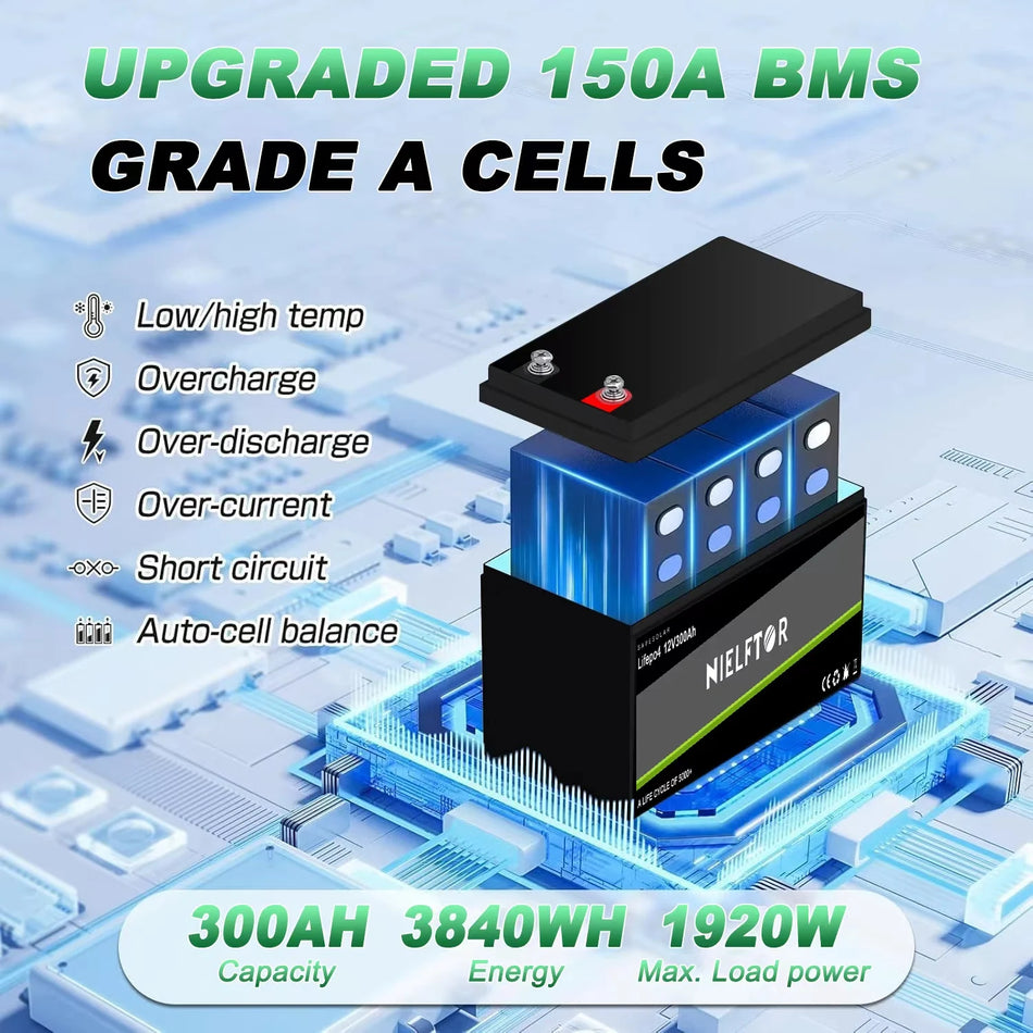 Batteria LiFePO4 12V 24V 48V 100Ah 200Ah 300Ah con BMS integrato per energia solare camper barca senza tasse