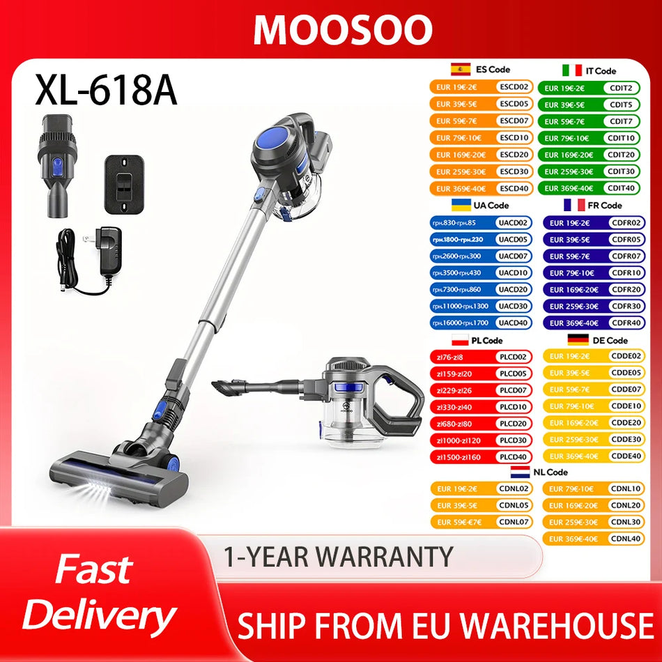 Aspirator vertical fără fir MOOSOO XL618A cu putere de aspirare 12KPa, autonomie de 30 minute, motor fără perii de 120W