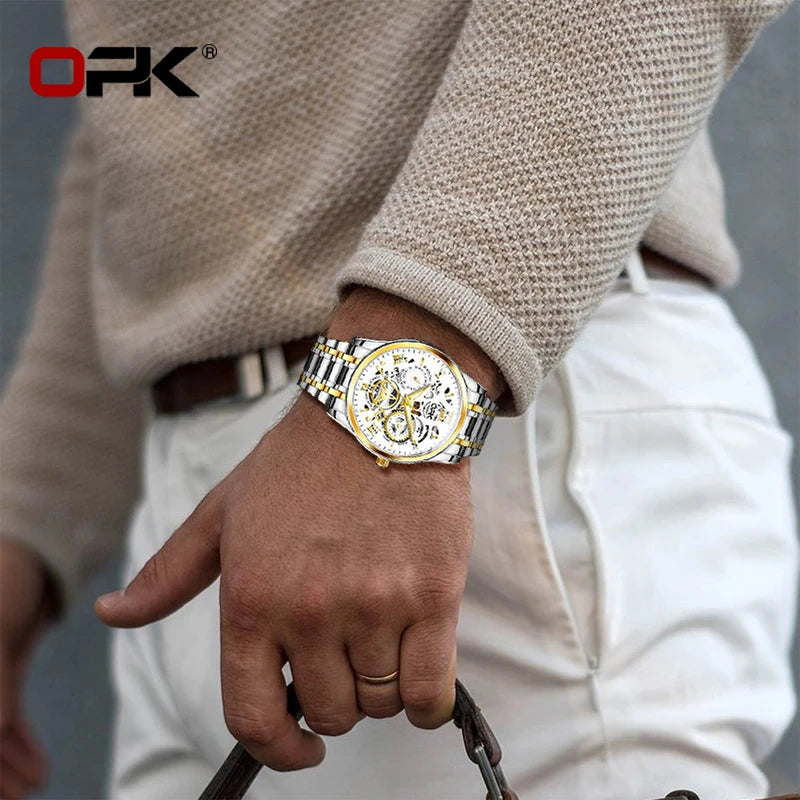 OPK8135 Men's Waterproof Quartz Watch with Stainless Steel Band and Night Glow
