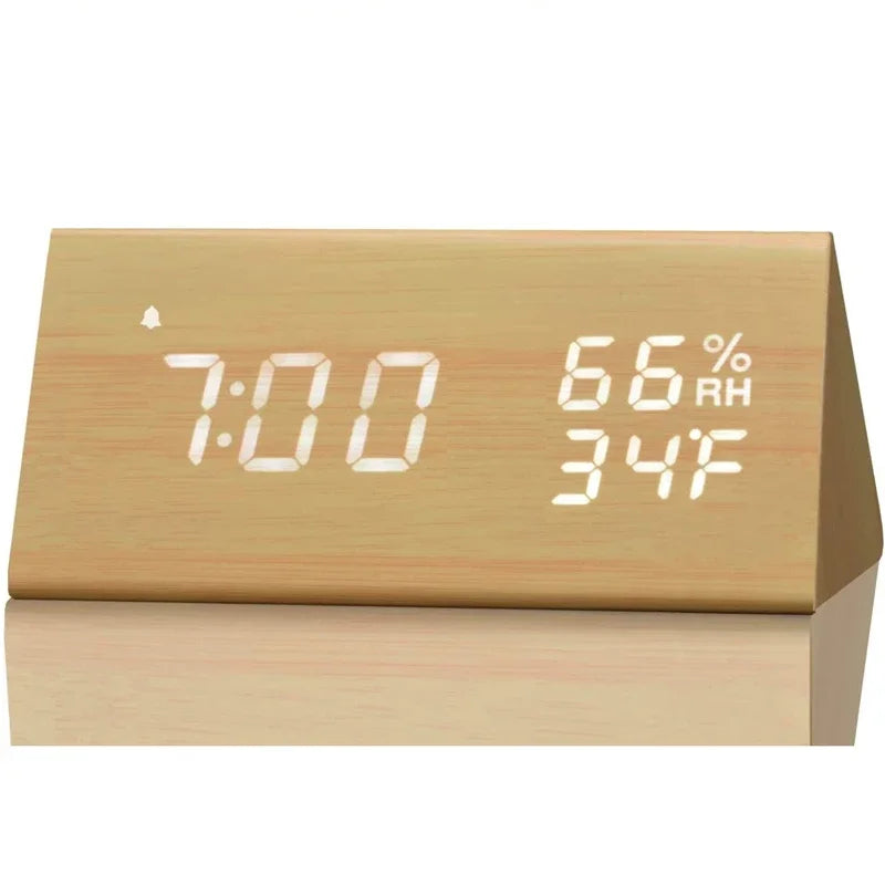 Wooden LED Digital Alarm Clock with USB Charger, Temperature &amp; Humidity Display Yellow