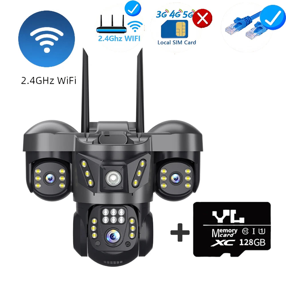 Three Lens PTZ IP Camera Outdoor HD Three Screen WiFi  Camera Auto Tracking 15MP Wireless Security CCTV Camera Waterproof V380 WIFI Cam 128G Card / UK Plug