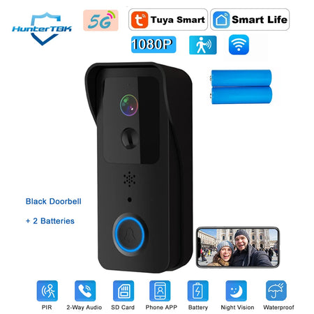 5G 2.4G WiFi Video Doorbell Black Option 1 / EU Plug