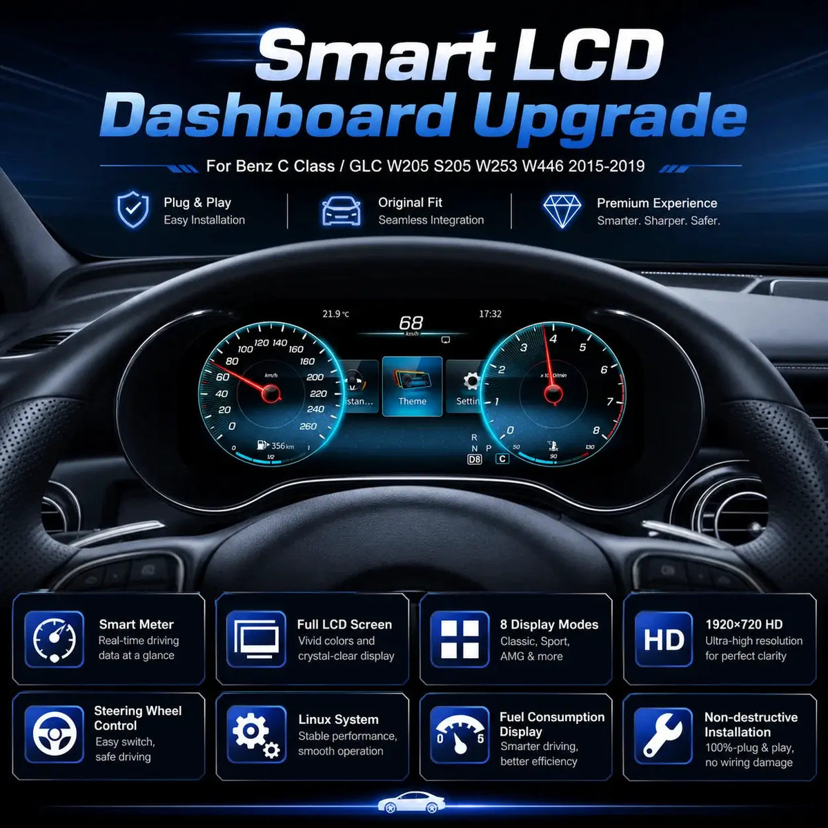 AUTOABC 12.3 "LCD Digital Dashboard Cluster Wireless CarPlay Android Auto For Mercedes Benz C/GLC W205 S205 W253 W446 2015-2020 by InterCyprus Trading Ltd