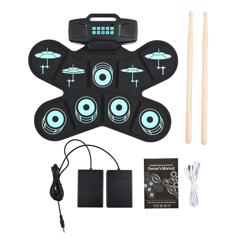 9-Pad Electronic Drum Set with Dual Speakers, Rechargeable Practice Kit, Drum Sticks and Foot Pedal