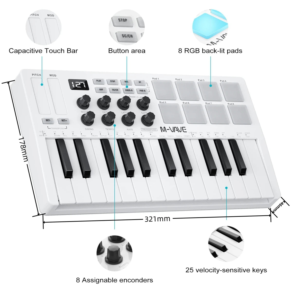 M-VAVE SMK-25 USB MIDI Keyboard Controller &ndash; 8 Backlit Pads