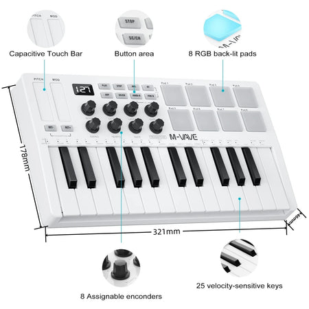 M-VAVE SMK-25 USB MIDI Keyboard Controller &ndash; 8 Backlit Pads
