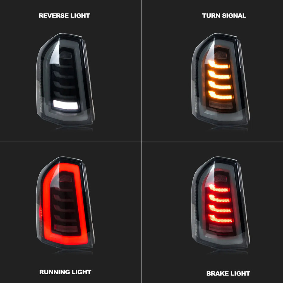 Lampy tylne LED do Chrysler 300 2011 do 2014 z animacją startową i sekwencyjnym kierunkowskazem czarne lampy ABS 3400LM