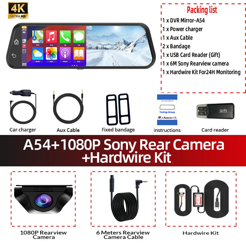 ACCEO 4K Dashcam Mirror Car Dvr &ndash; 10 Inch Touchscreen A54-6M RC-KIT / None