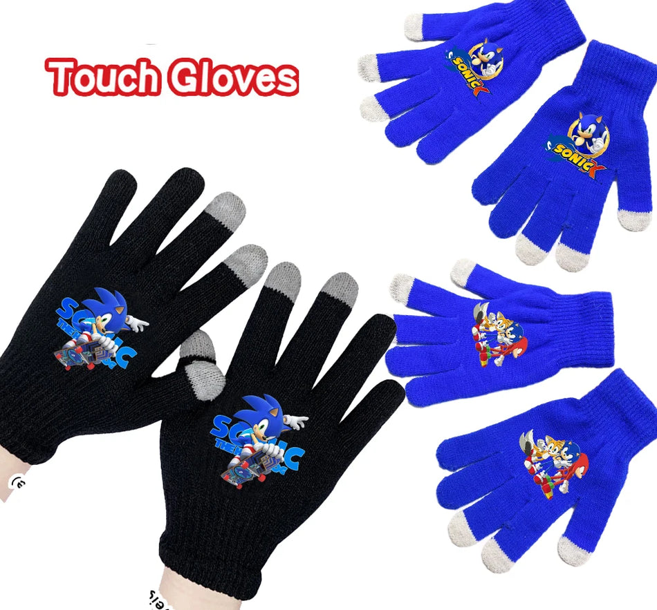 🟠 Sonics Gloves Boy Girl Cartoon Print Anime Figure Finger Gloves Winter Warm Glove Children Outdoor Cycling Accessories Kid Gift
