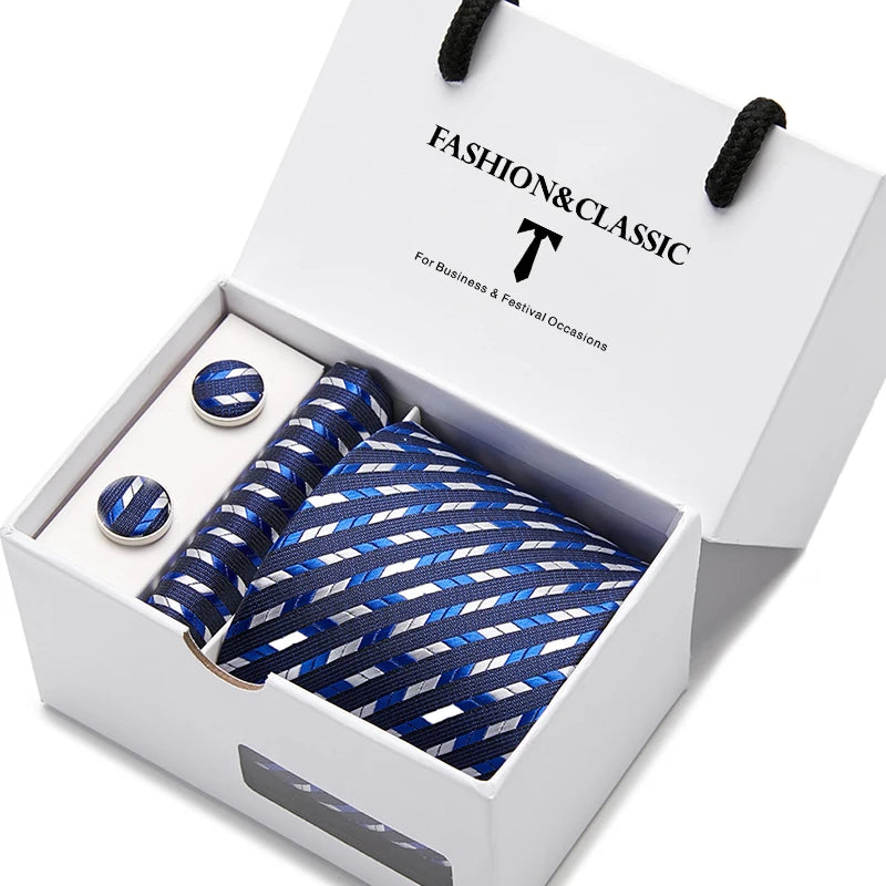 VanGise Blue Dot Tie Set with Pocket Square and Cufflinks for Men SB38