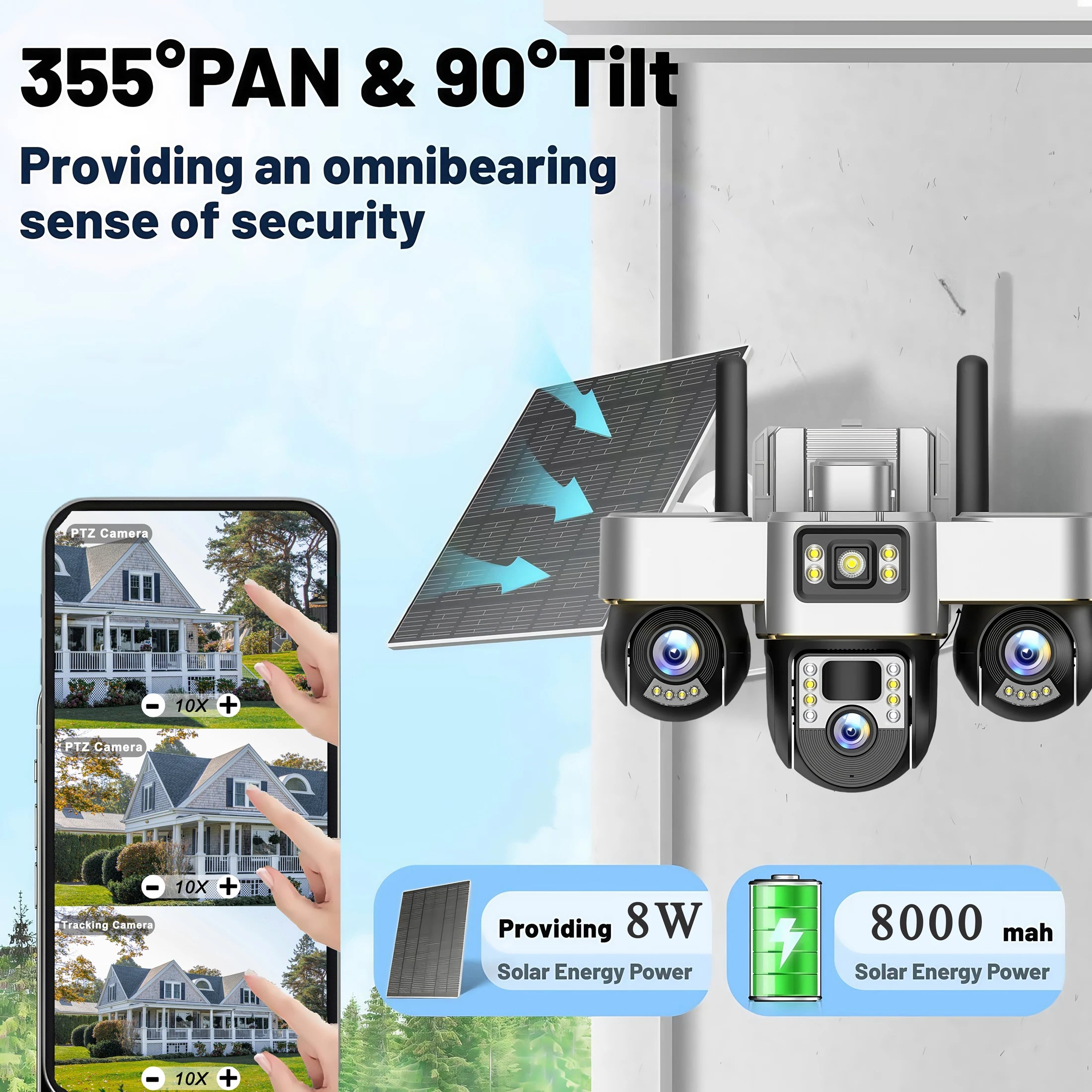 15MP WIFI Three PTZ Solar Camera Three screen PIR Human Tracking Security CCTV Surveillance IP Camera PTZ control for all 3 Lens