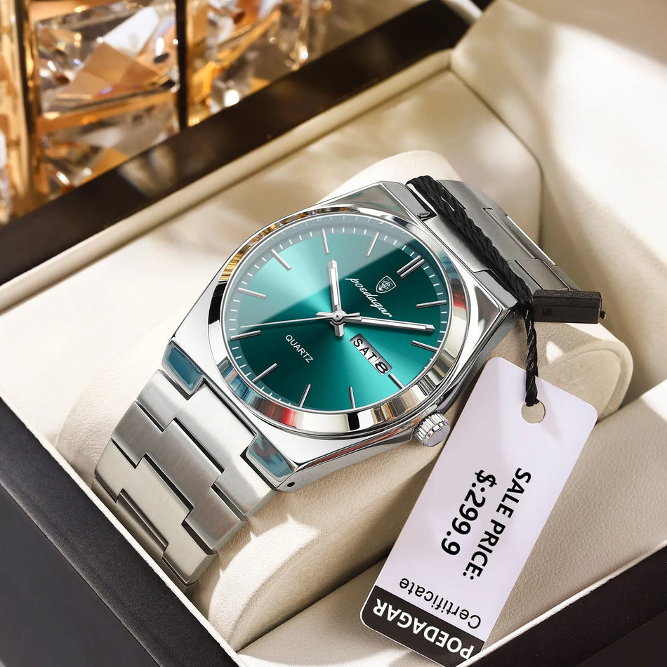Quartz Men's Wristwatch With Stainless Steel Band, Waterproof, Luminous