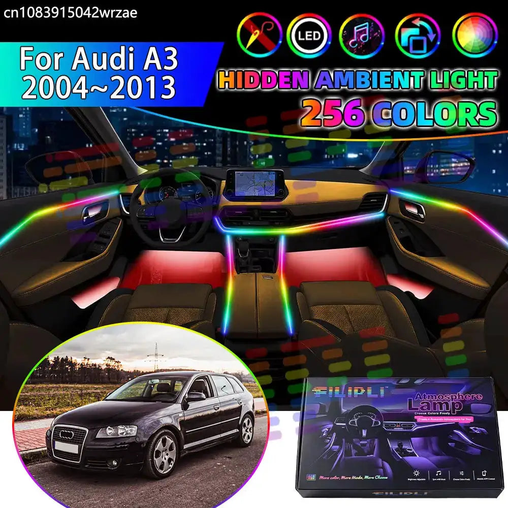 For Audi A3 2004~2013 8P MK2 2th RGB Car Interior Ambient Lights Strips Breathing Lighting Kit App Control LED strips Auto Parts by InterCyprus Trading Ltd
