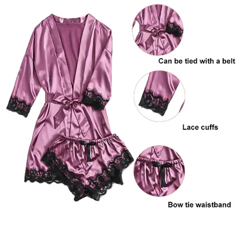Women's Sexy Lace Satin Pajama Set - 4 Piece Sleepwear Collection