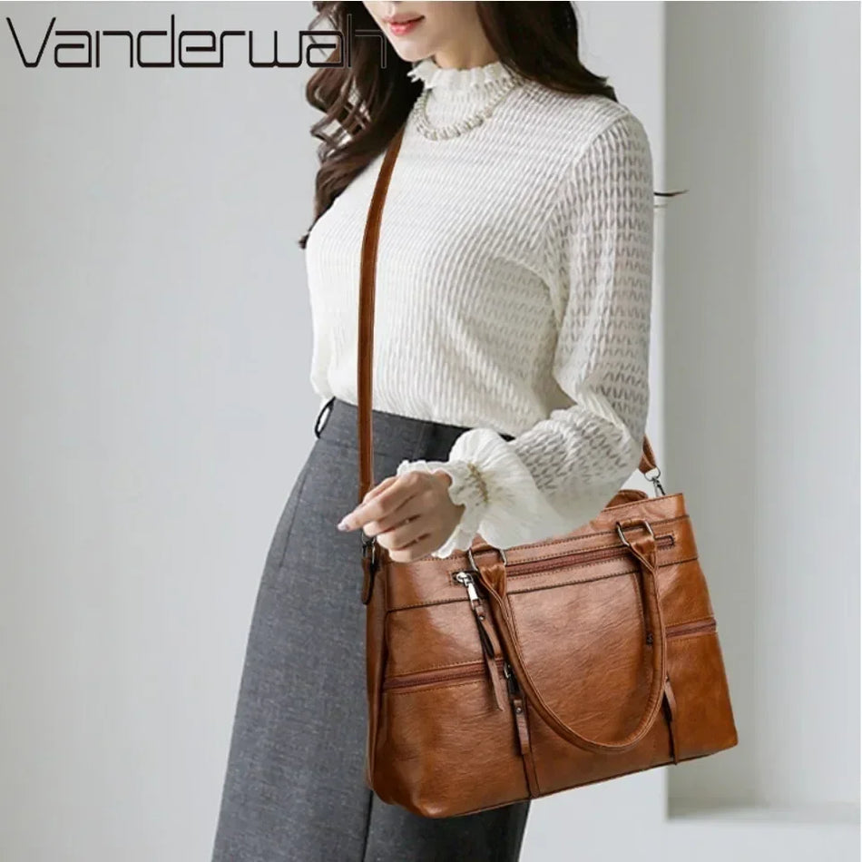 Leather Top-Handle Handbag for Women, Elegant Purses With Zipper Closure And Solid Color