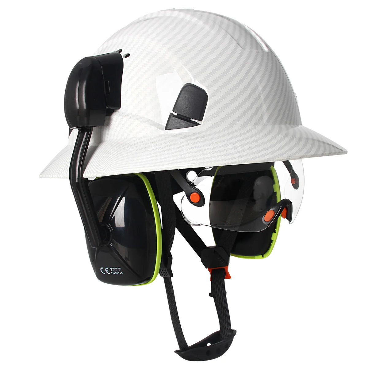 CE Full Brim Safety Helmet With Goggles &ndash; Built In Earmuffs Bright White Set